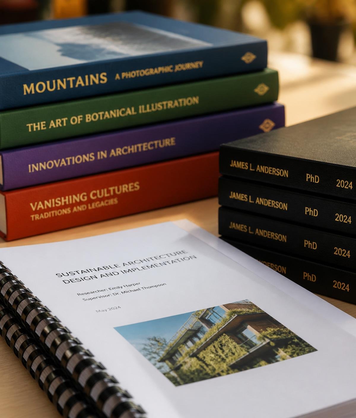 Stacked printed books and thesis binding by Copy Corner